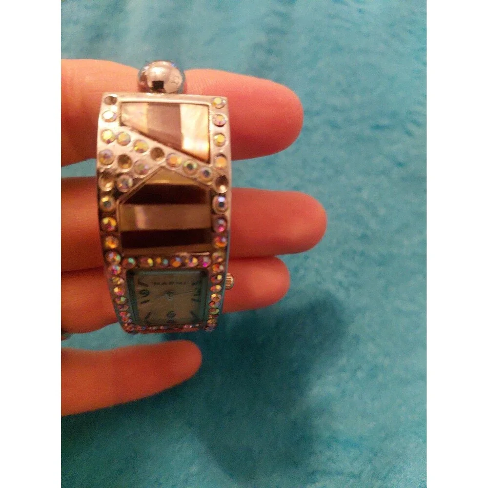 Narmi Womens Silver Tone Bling Square Hinged Cuff Bracelet Watch W/Stone Details